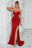 Simple Red Mermaid Strapless Long Corset Prom Dress with Slit