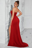 Simple Red Mermaid Strapless Long Corset Prom Dress with Slit