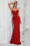 Simple Red Mermaid Strapless Long Corset Prom Dress with Slit
