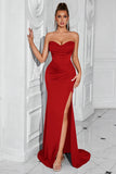 Simple Red Mermaid Strapless Long Corset Prom Dress with Slit