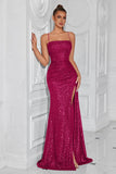 Sparkly Sequin Golden Spaghetti Straps Long Prom Dress with Slit