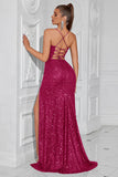 Sparkly Sequin Golden Spaghetti Straps Long Prom Dress with Slit