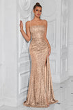 Sparkly Sequin Golden Spaghetti Straps Long Prom Dress with Slit