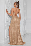 Sparkly Sequin Golden Spaghetti Straps Long Prom Dress with Slit