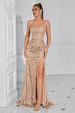 Sparkly Sequin Golden Spaghetti Straps Long Prom Dress with Slit