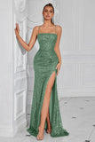 Sparkly Sequin Golden Spaghetti Straps Long Prom Dress with Slit