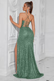 Sparkly Sequin Golden Spaghetti Straps Long Prom Dress with Slit
