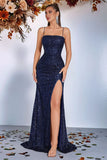 Sparkly Sequin Golden Spaghetti Straps Long Prom Dress with Slit