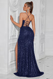 Sparkly Sequin Golden Spaghetti Straps Long Prom Dress with Slit