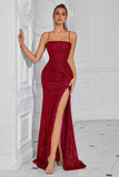 Sparkly Sequin Golden Spaghetti Straps Long Prom Dress with Slit