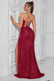 Sparkly Sequin Golden Spaghetti Straps Long Prom Dress with Slit