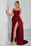 Sparkly Burgundy Sweetheart Long Sequin Prom Dress with Side Cape