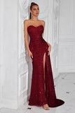 Sparkly Burgundy Sweetheart Long Sequin Prom Dress with Side Cape