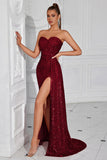 Sparkly Burgundy Sweetheart Long Sequin Prom Dress with Side Cape