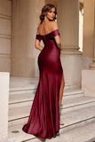 Simple Burgundy Off the Shoulder Mermaid Maxi Prom Dress with Slit