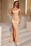 Simple Burgundy Off the Shoulder Mermaid Maxi Prom Dress with Slit