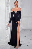Sparkly Black Long Off the Shoulder Prom Dress with Slit