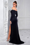 Sparkly Black Long Off the Shoulder Prom Dress with Slit