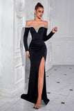 Sparkly Black Long Off the Shoulder Prom Dress with Slit