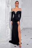 Sparkly Black Long Off the Shoulder Prom Dress with Slit