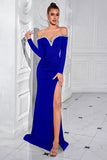 Sparkly Black Long Off the Shoulder Prom Dress with Slit