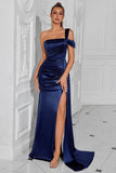 Navy Mermaid One Shoulder Long Prom Dress with Side Cape