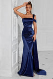 Navy Mermaid One Shoulder Long Prom Dress with Side Cape