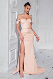 Blush Corset Mermaid Off the Shoulder Long Prom Dress with Slit