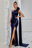 Navy One Shoulder Mermaid Long Ruched Prom Dress with 3D Flower