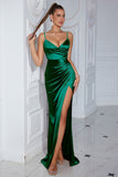 Dark Green Ruched Spaghetti Straps Maxi Prom Dress with Slit