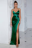Dark Green Ruched Spaghetti Straps Maxi Prom Dress with Slit