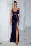 Dark Green Ruched Spaghetti Straps Maxi Prom Dress with Slit