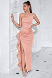 Black One Shoulder Mermaid Ruffled Long Prom Dress with Slit