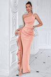 Black One Shoulder Mermaid Ruffled Long Prom Dress with Slit