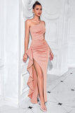 Black One Shoulder Mermaid Ruffled Long Prom Dress with Slit
