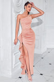 Black One Shoulder Mermaid Ruffled Long Prom Dress with Slit