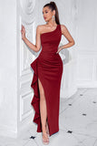 Black One Shoulder Mermaid Ruffled Long Prom Dress with Slit