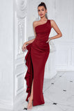 Black One Shoulder Mermaid Ruffled Long Prom Dress with Slit