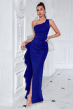 Black One Shoulder Mermaid Ruffled Long Prom Dress with Slit