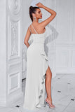 Black One Shoulder Mermaid Ruffled Long Prom Dress with Slit