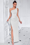 Black One Shoulder Mermaid Ruffled Long Prom Dress with Slit