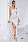 Black One Shoulder Mermaid Ruffled Long Prom Dress with Slit