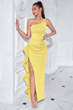 Black One Shoulder Mermaid Ruffled Long Prom Dress with Slit