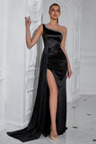 Sparkly Black Mermaid One Shoulder Maxi Prom Dress with Side Cape