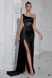 Sparkly Black Mermaid One Shoulder Maxi Prom Dress with Side Cape