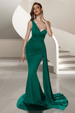 Dark Green Mermaid Satin One Shoulder Ruched Long Prom Dress with Side Cape