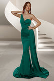 Dark Green Mermaid Satin One Shoulder Ruched Long Prom Dress with Side Cape