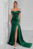 Dark Green Mermaid Off the Shoulder Ruched Maxi Prom Dress with Slit