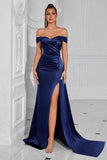 Dark Green Mermaid Off the Shoulder Ruched Maxi Prom Dress with Slit
