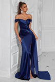 Dark Green Mermaid Off the Shoulder Ruched Maxi Prom Dress with Slit